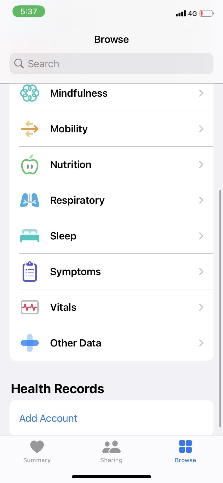 مشاهده علائم در برنامه Apple Health