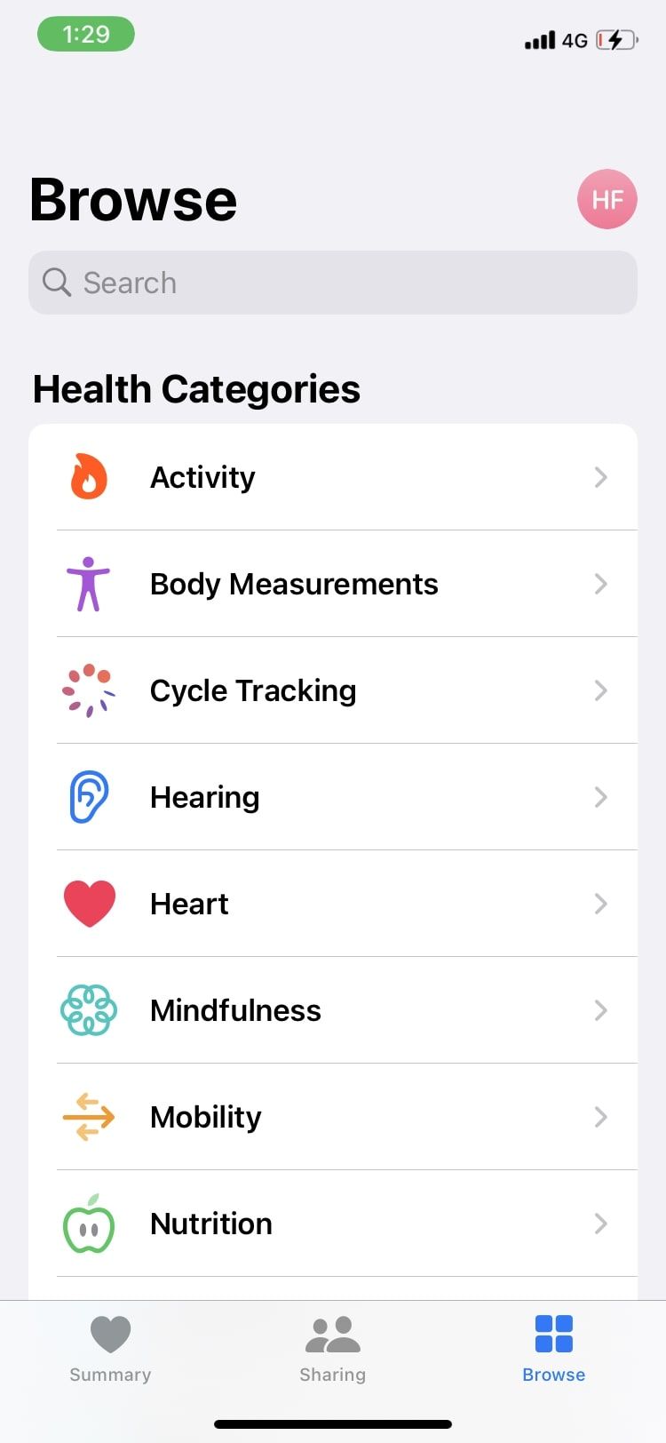 browse sections in Apple Health app