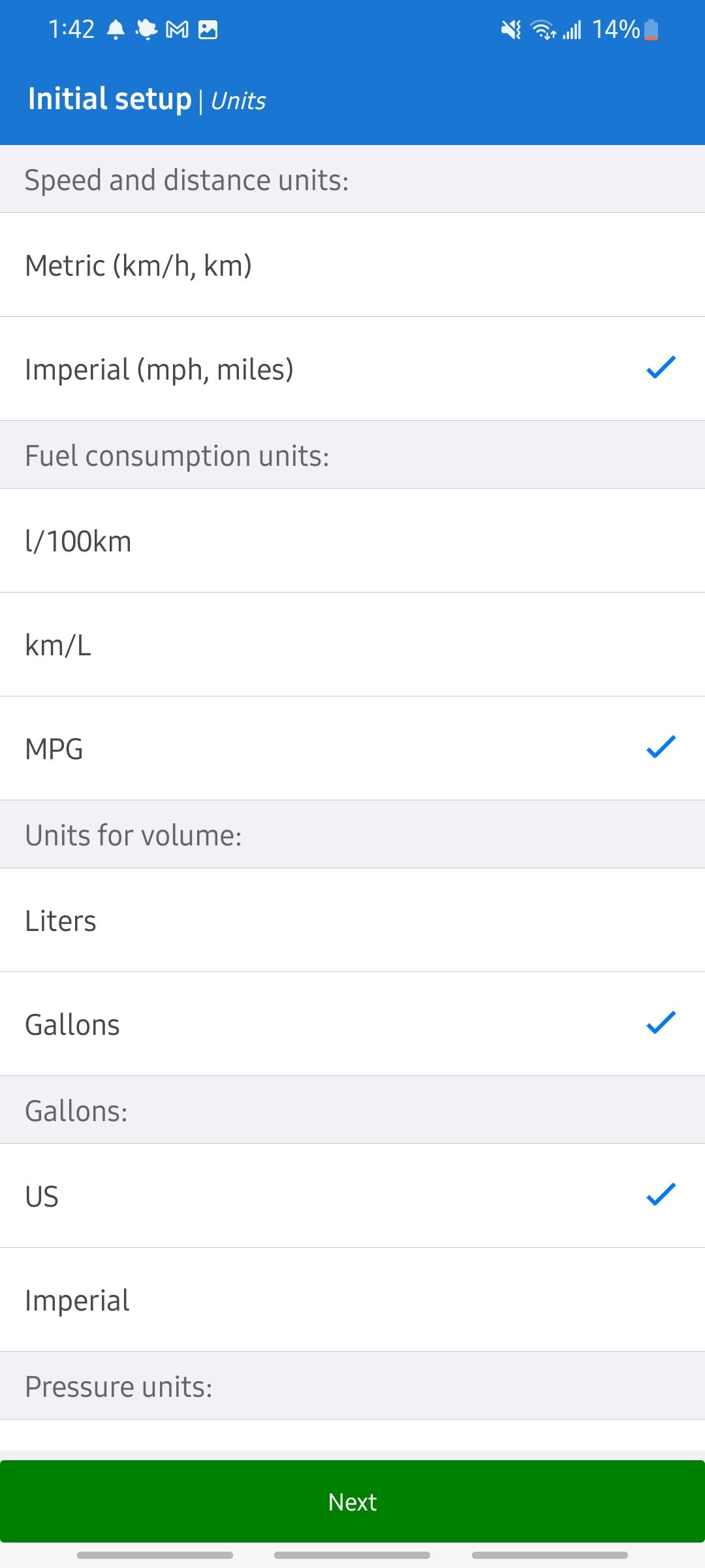 car scanner app choosing which units to represent info in