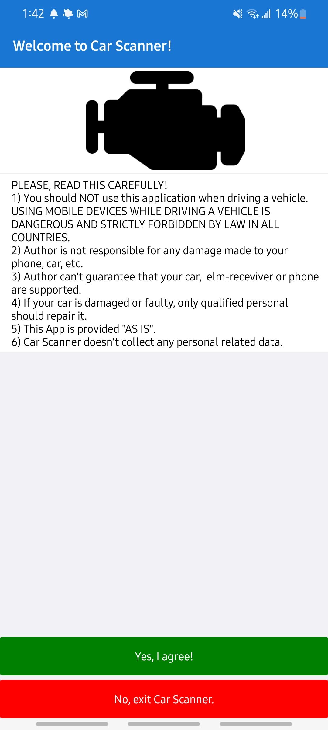 car scanner app intro screen with warnings and preventative info