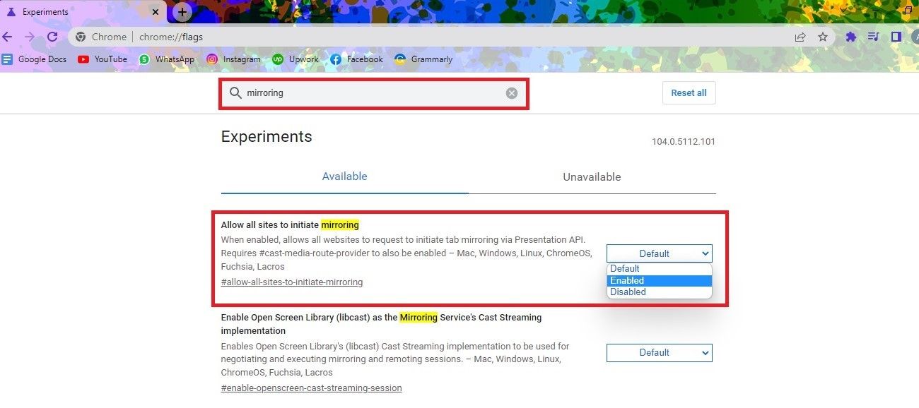 "Allow all sites to initiate mirroring" on Chrome advanced settings