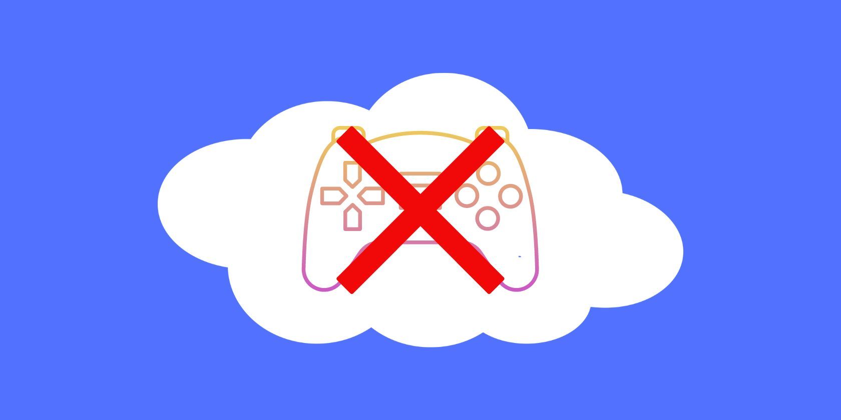 A vector of a cloud with a game controller inside it and a red cross over the top of it over a blue background