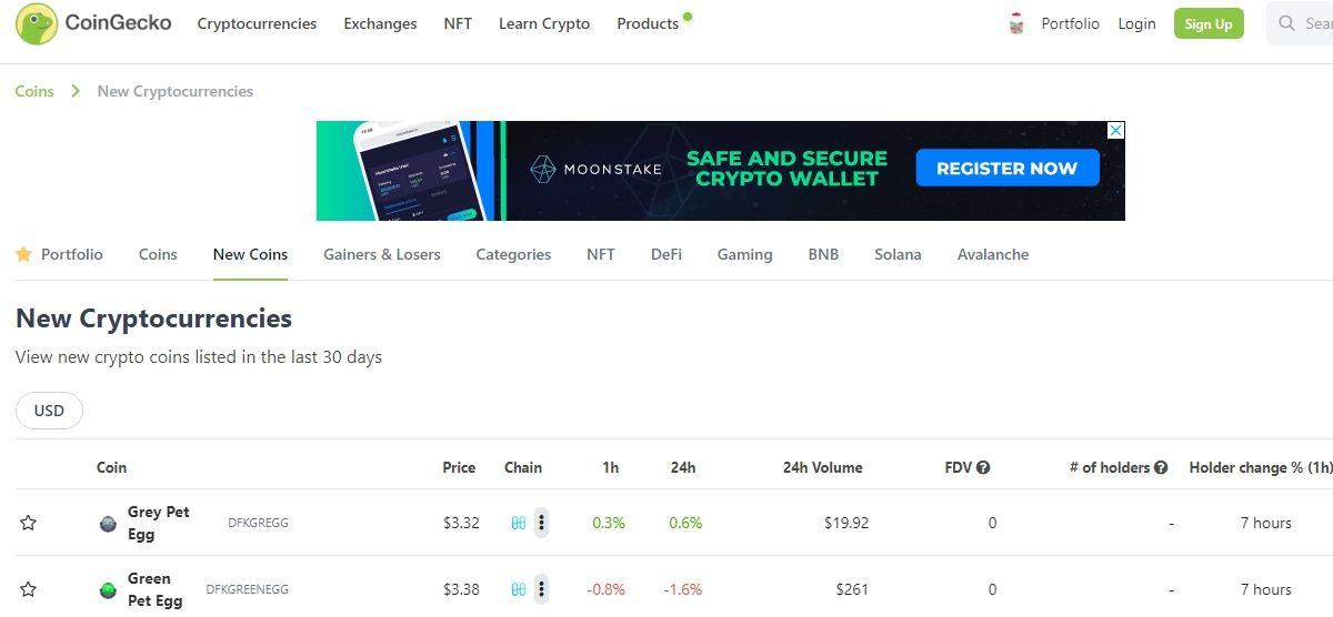 a screenshot of CoinGecko new crypto listing