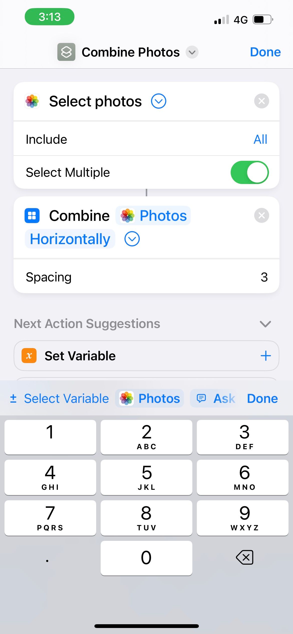 change spacing size when combining photos using iphone shortcut