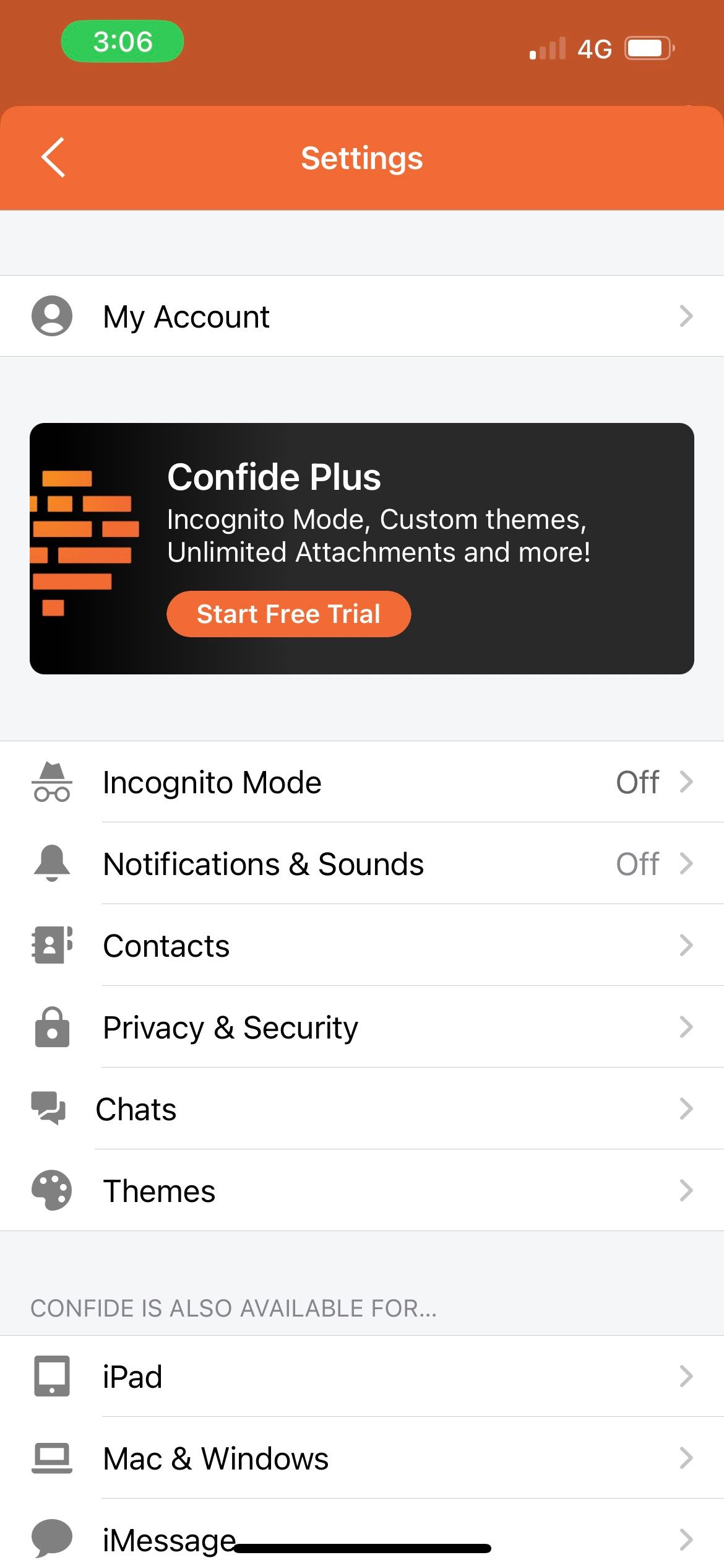 confide app settings