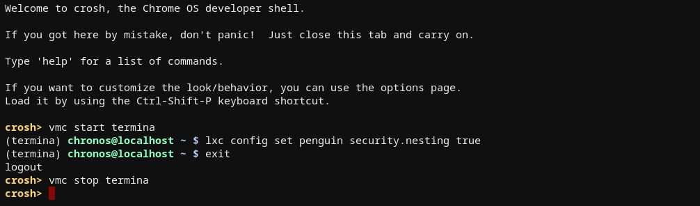 Crosh session enabling nesting containers on a Chromebook
