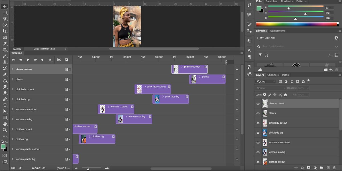 Photoshop Timeline spread out layers.