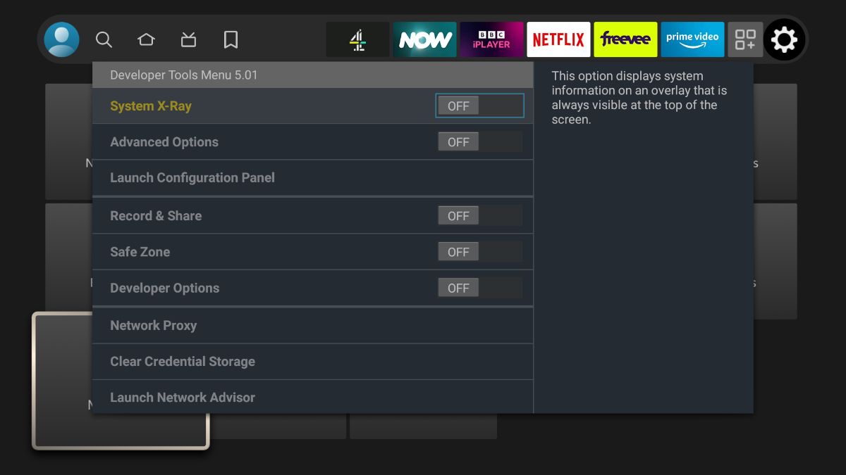 The developer tools menu on fire tv