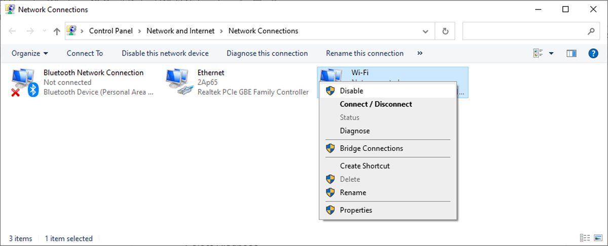 Disable network interface card in Windows 10