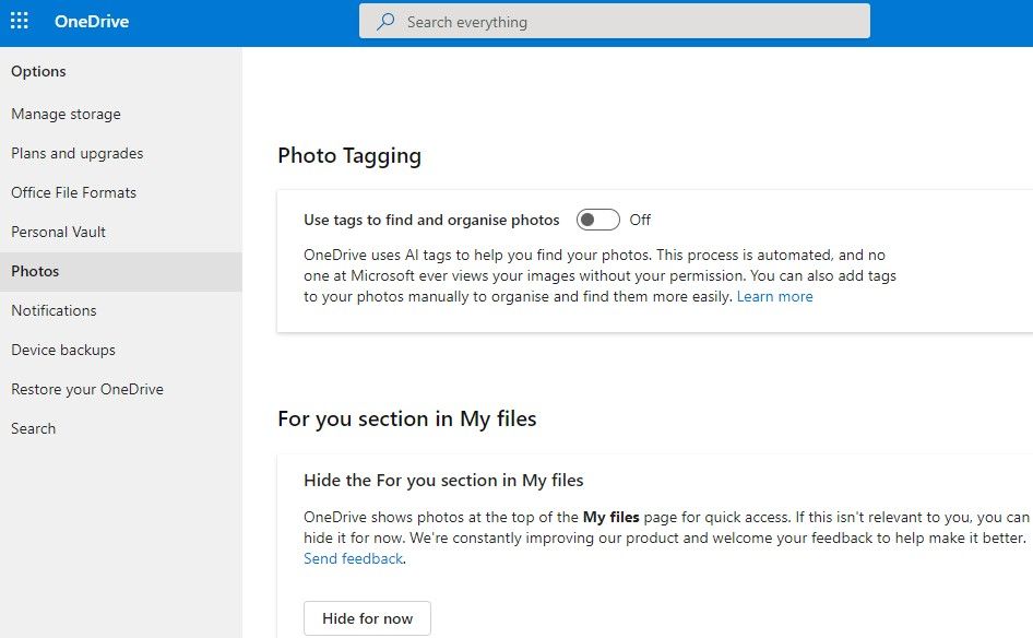 disable photo tagging in onedrive