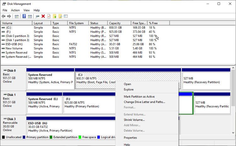 The disk management tool in Windows