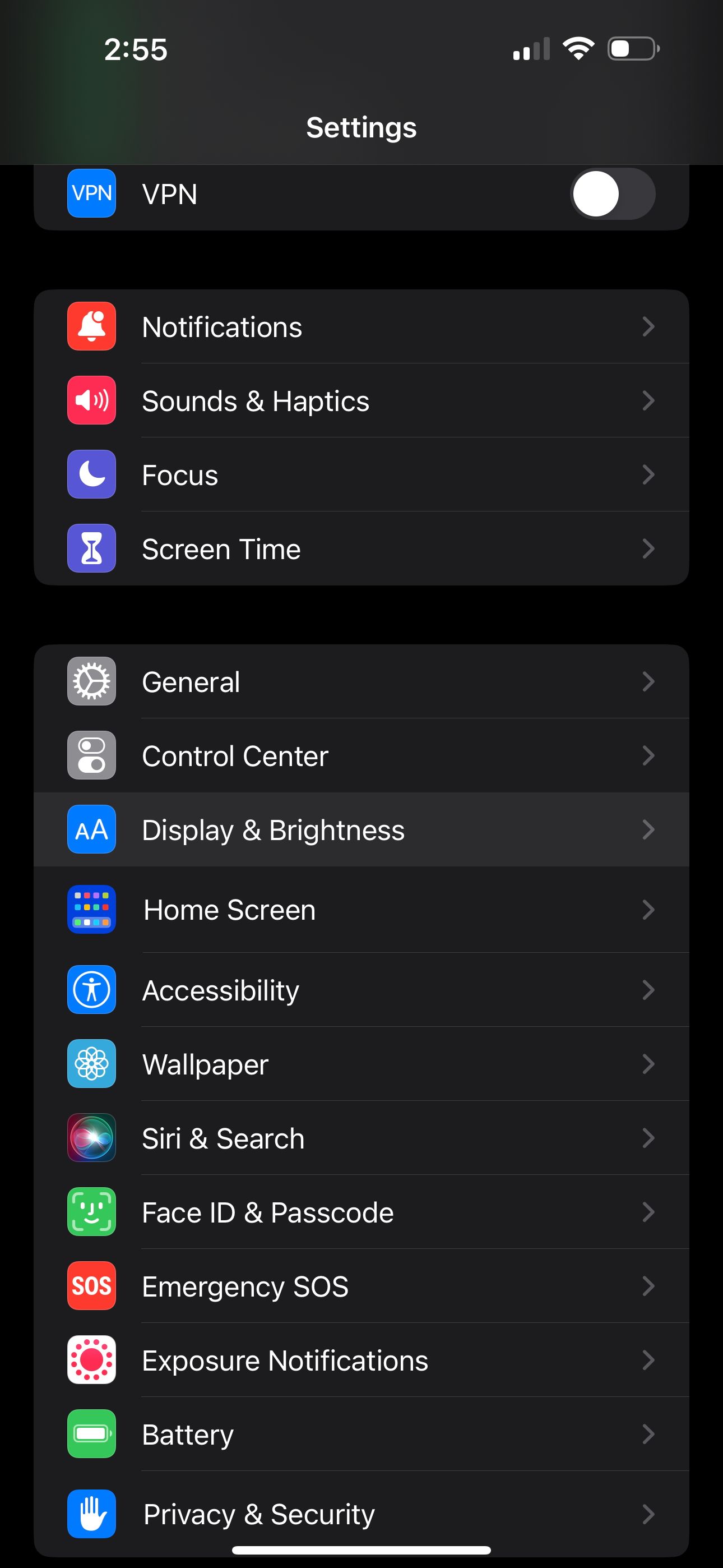 Display settings on iPhone