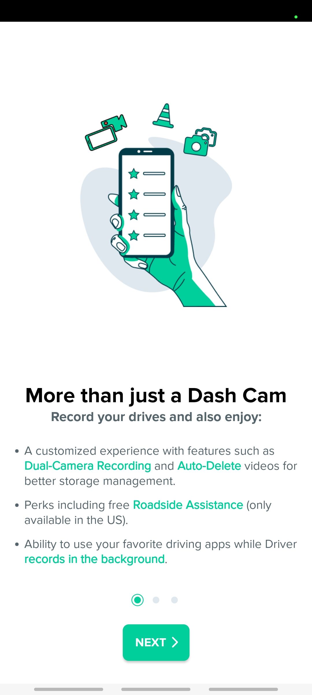 driver dash cam app giving an overview of available features