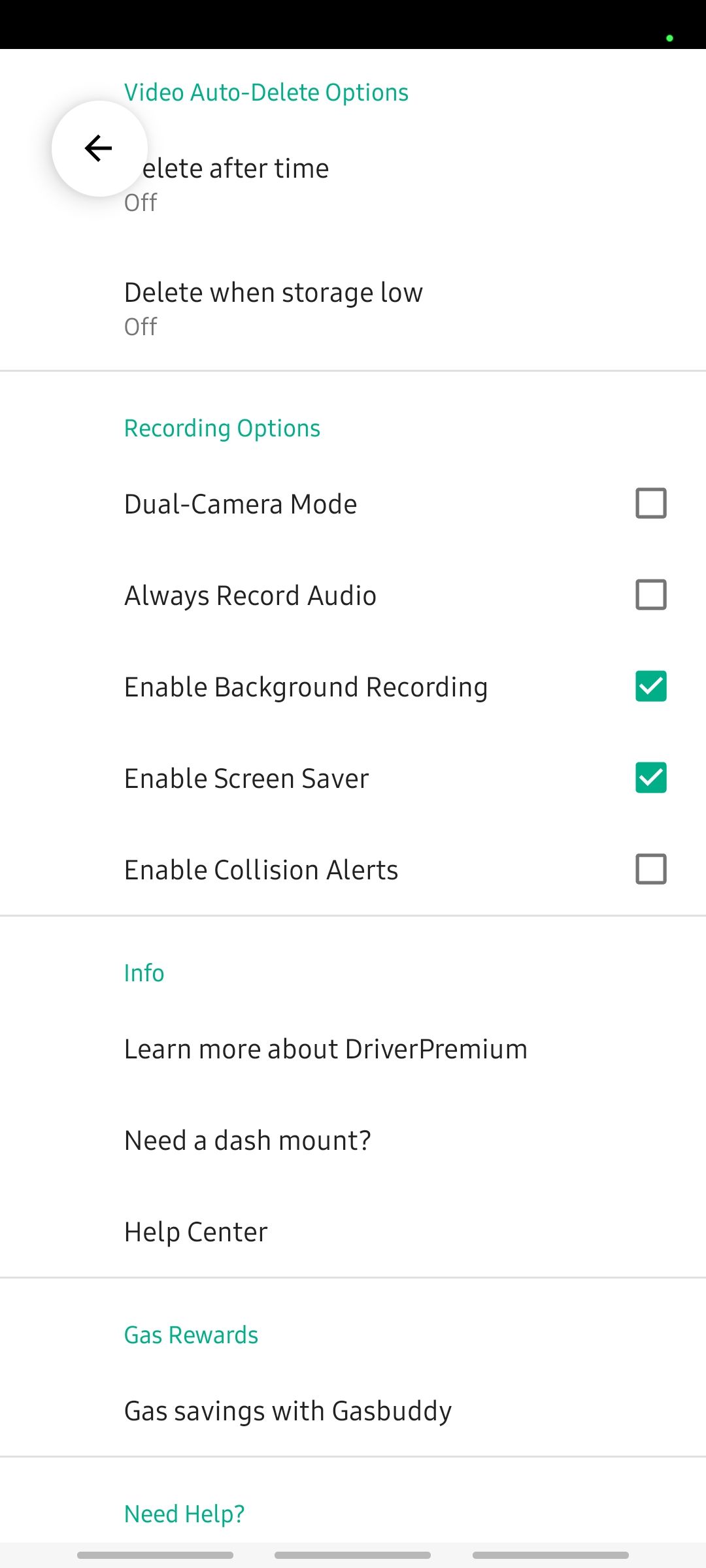 driver dash cam app settings screen