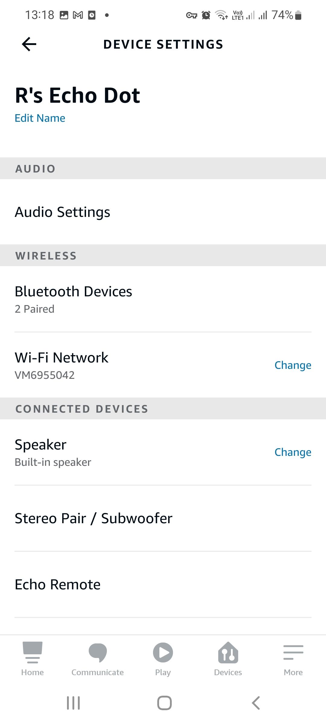 The Echo device settings in the Alexa app