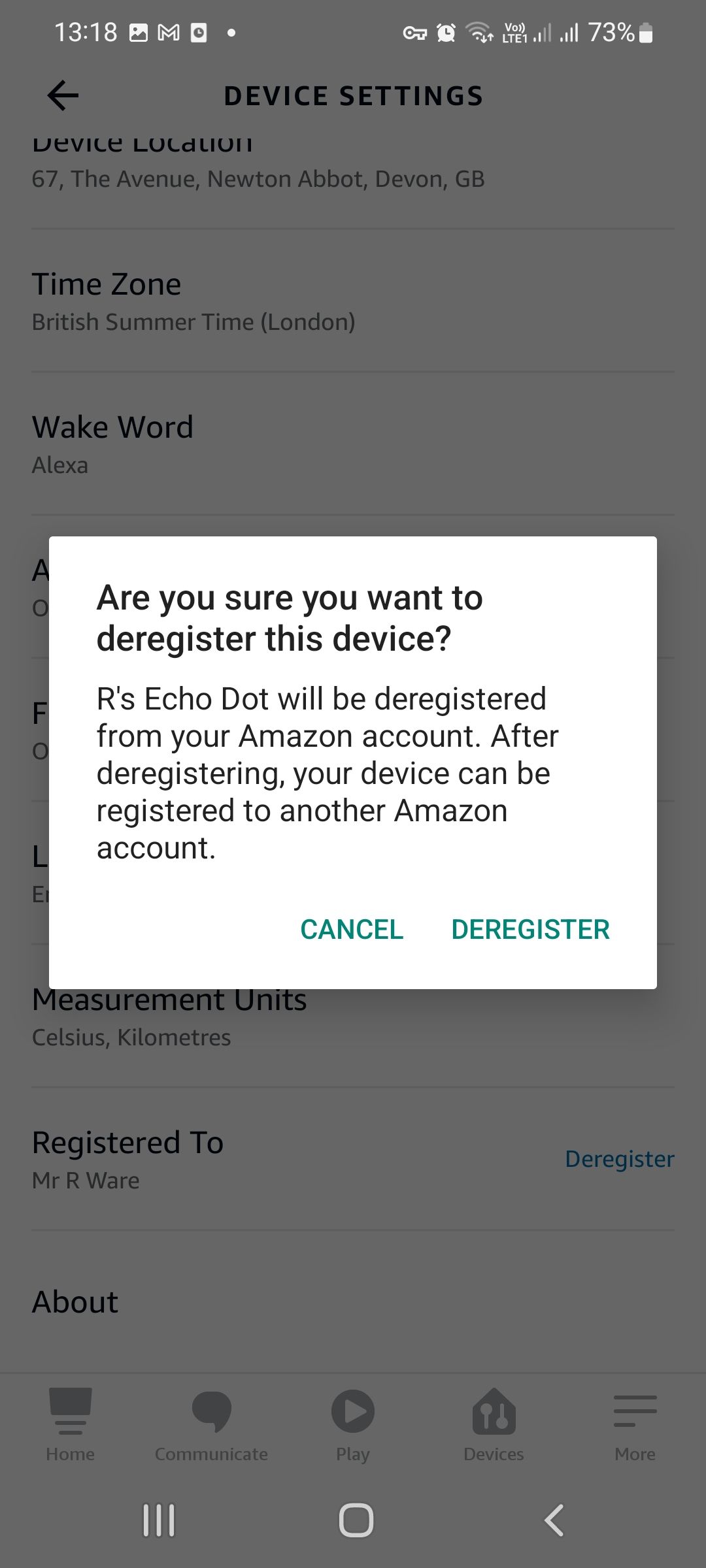 The deregister option in the Alexa app