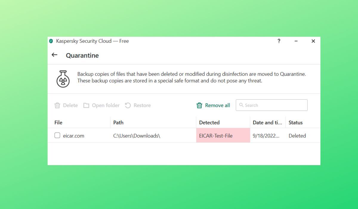 Screenshot of Kaspersky antivirus detecting the EICAR test file