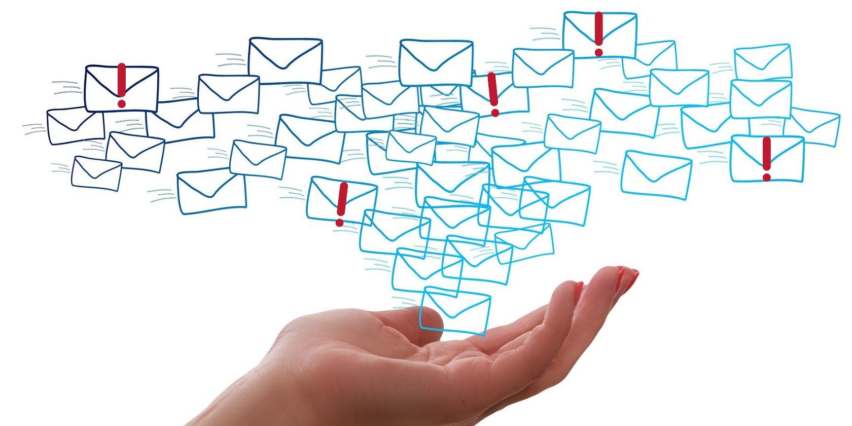 person's hand with mail and exclamation icons