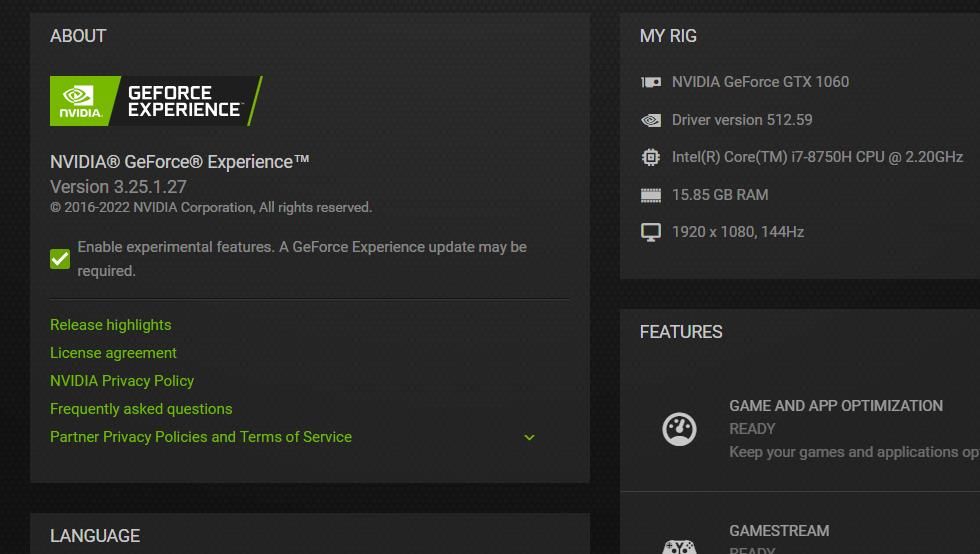 The Enable experimental features option in GeForce Experience