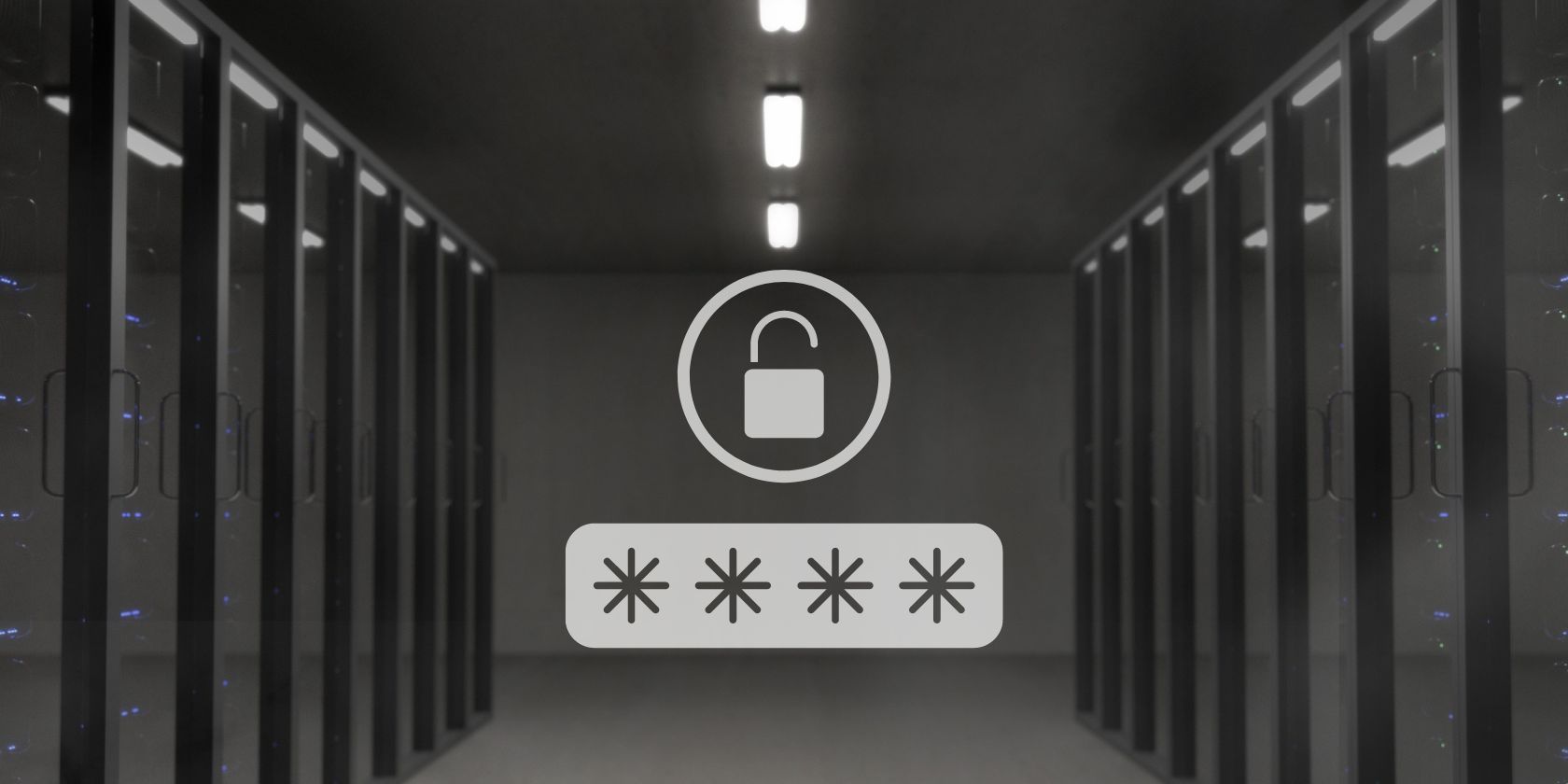 Lock and asterisks seen over a photo of a server room