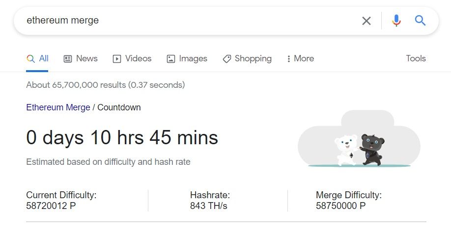 ethereum merge time displayed on google