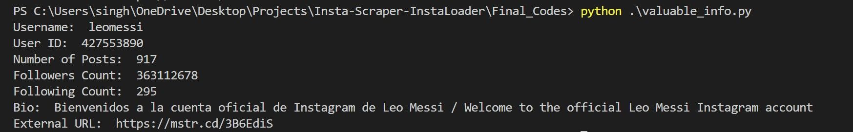 output screenshot of extracting info from Messi's insta profile