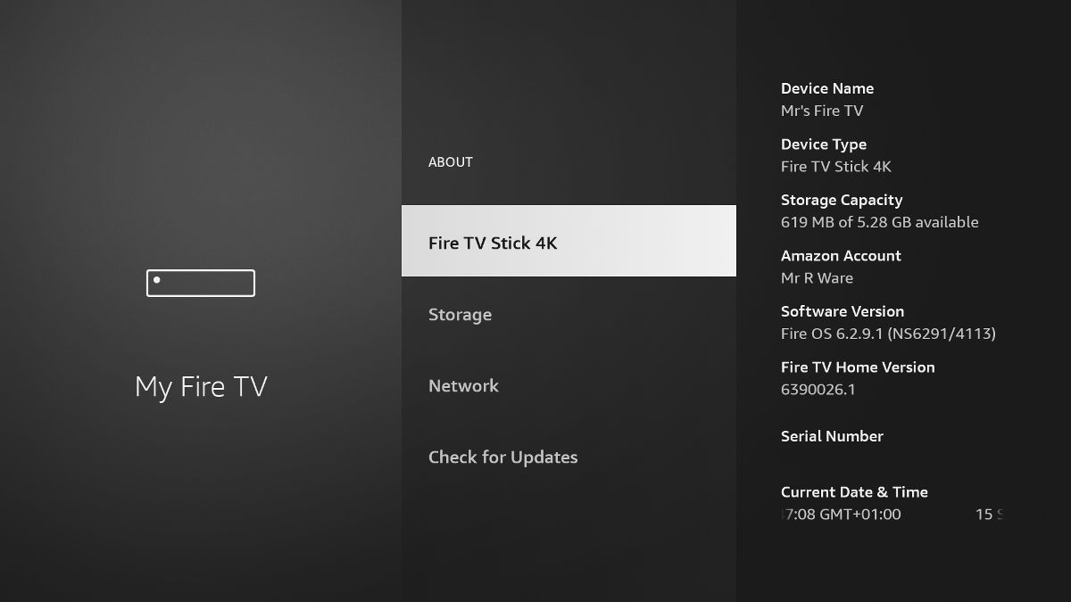 the About menu in Fire Tv
