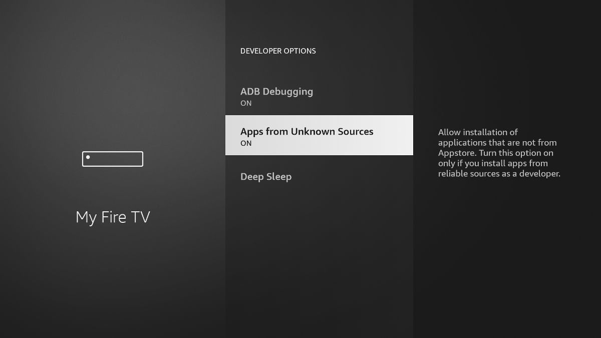 The Developer options in Fire Tv