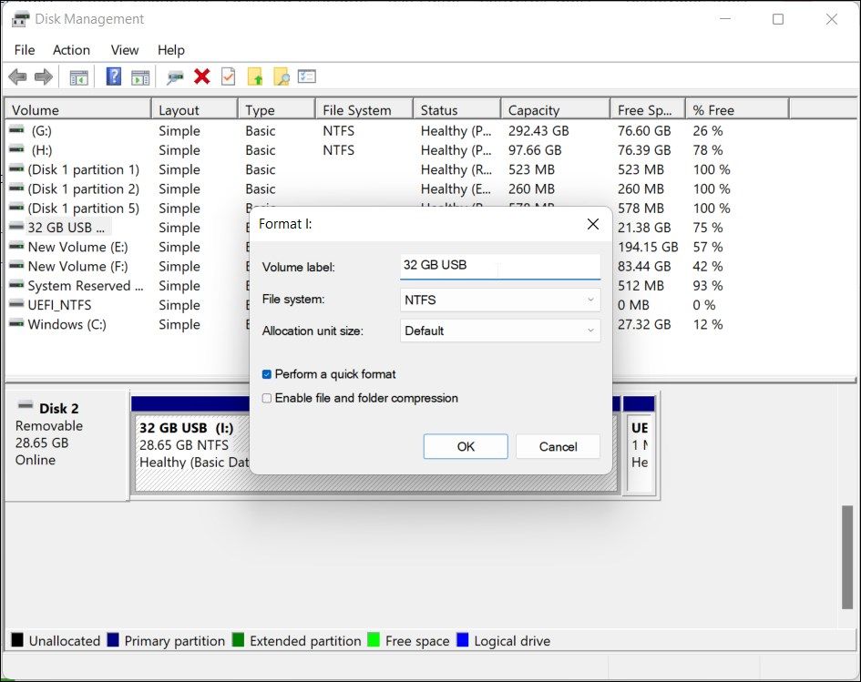 format usb drive disk management options