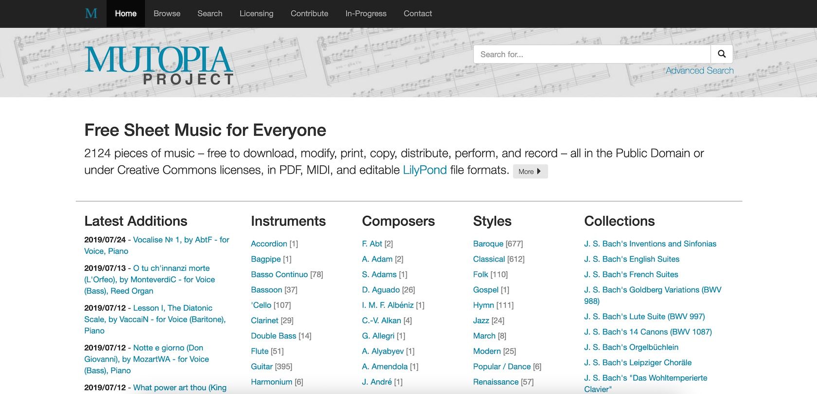 Screenshot of the free sheet music website called Mutopia Project