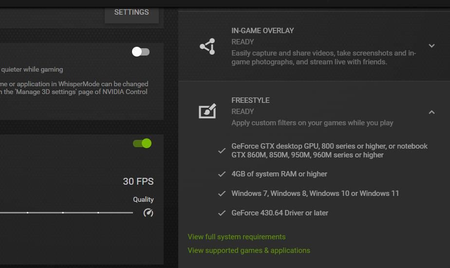 The Freestyle system requirements box in GeForce Experience