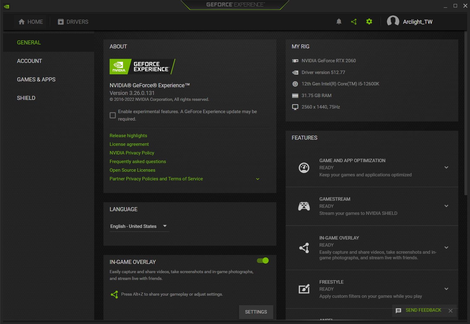 The General tab of NVIDIA GeForce Experience.