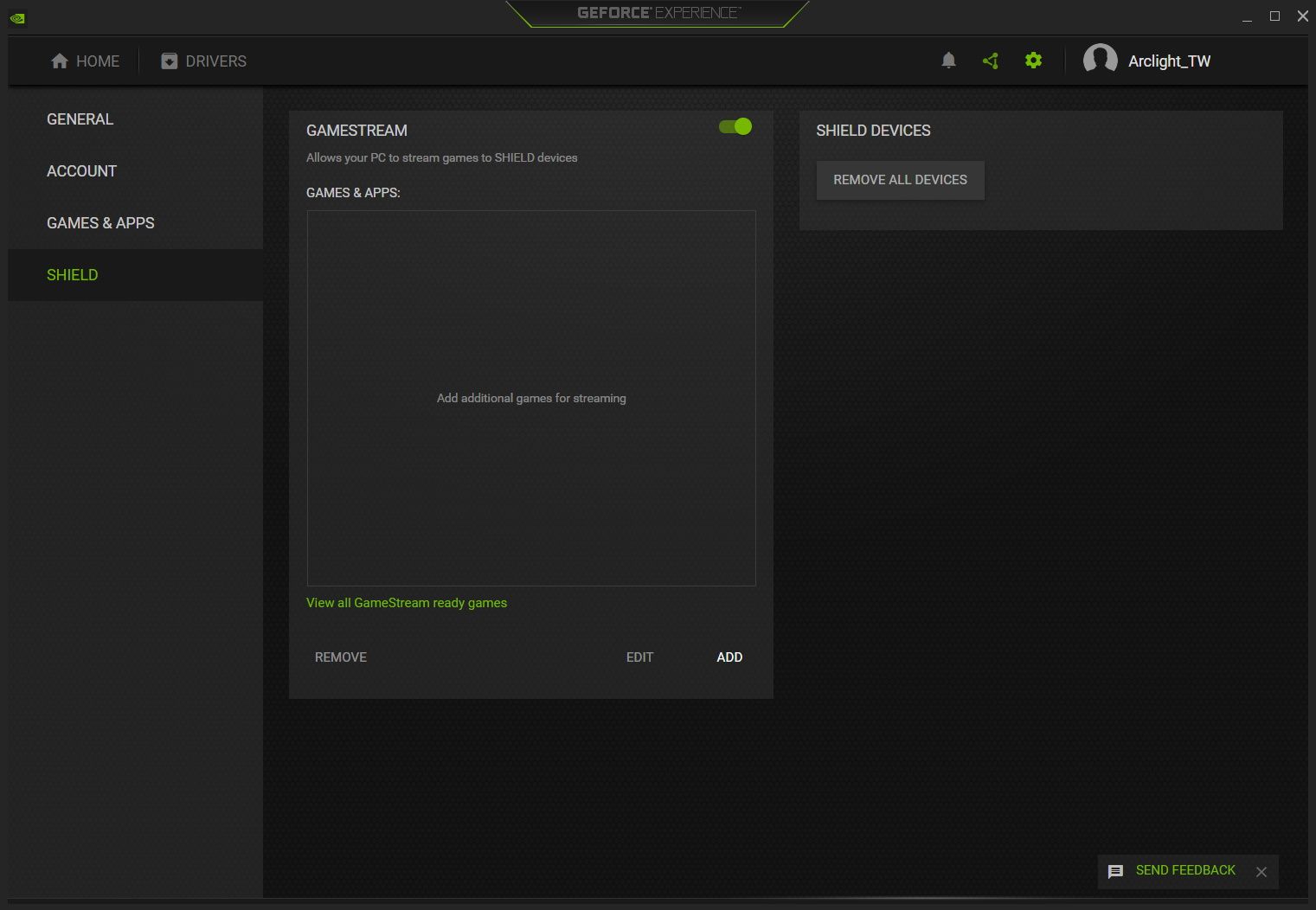 The SHIELD tab of NVIDIA GeForce Experience showing Game Stream as being enabled.