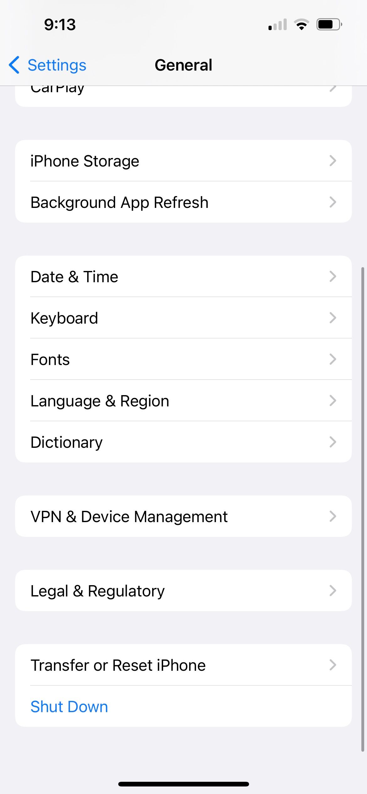 general settings in iphone settings app