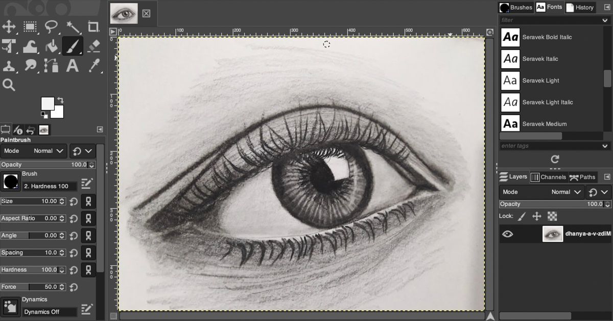 GIMP interface with pencil eye drawing