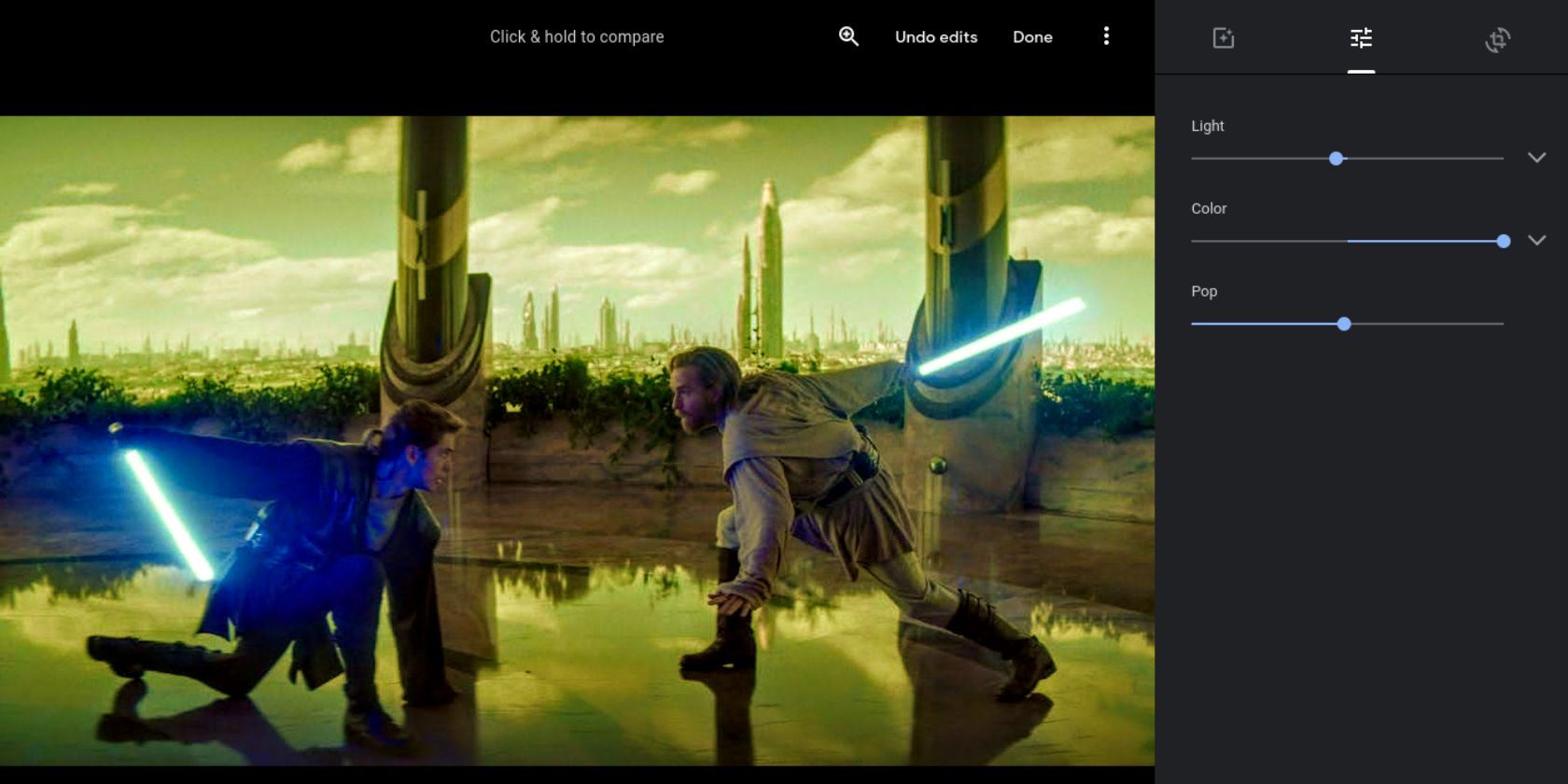 An image of Kenobi and Anakin being edited on Google Photos