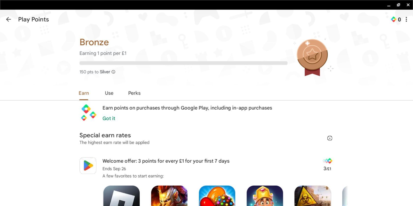 The Bronze tier of Google Play Points 