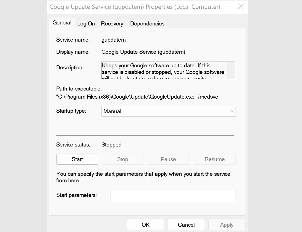 google update service properties gupdatem