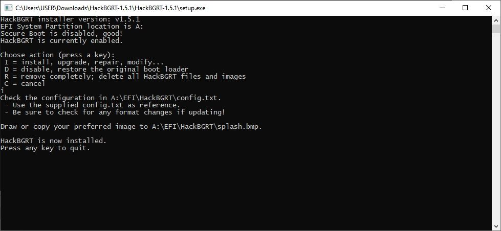 hackbgrt successfully installed message on windows