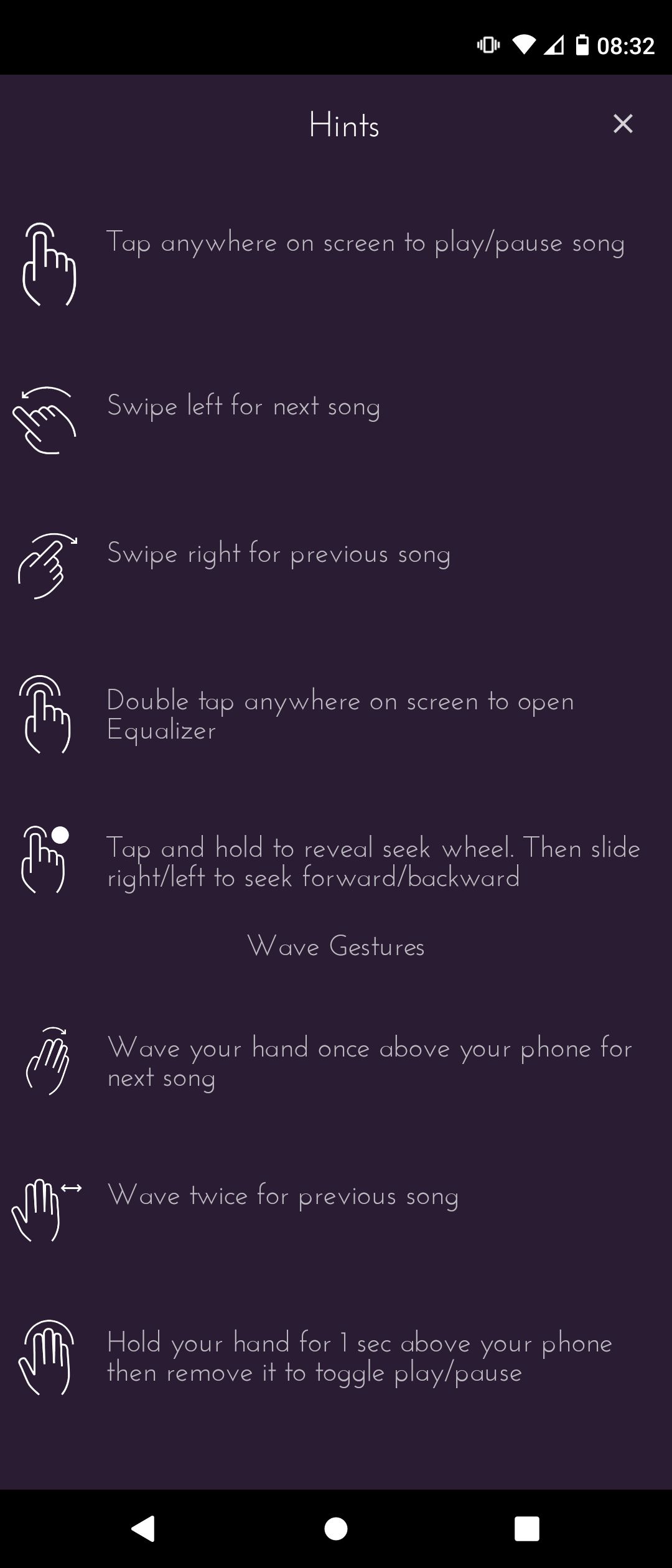 Hand Gesture Hints for Impulse Music Player App