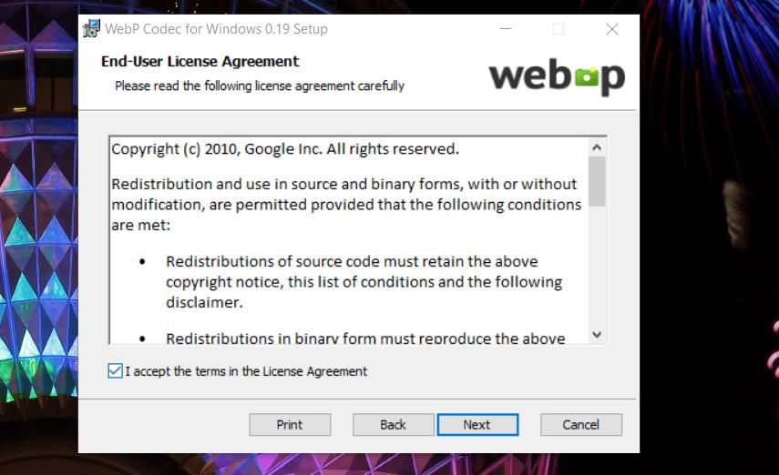 The I accept the terms option for WebP Codec
