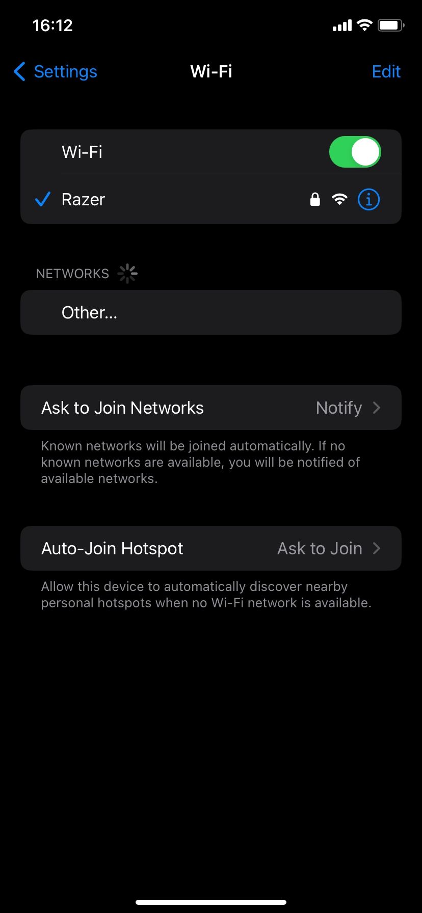 Screenshot of iPhone connected to Wi-Fi