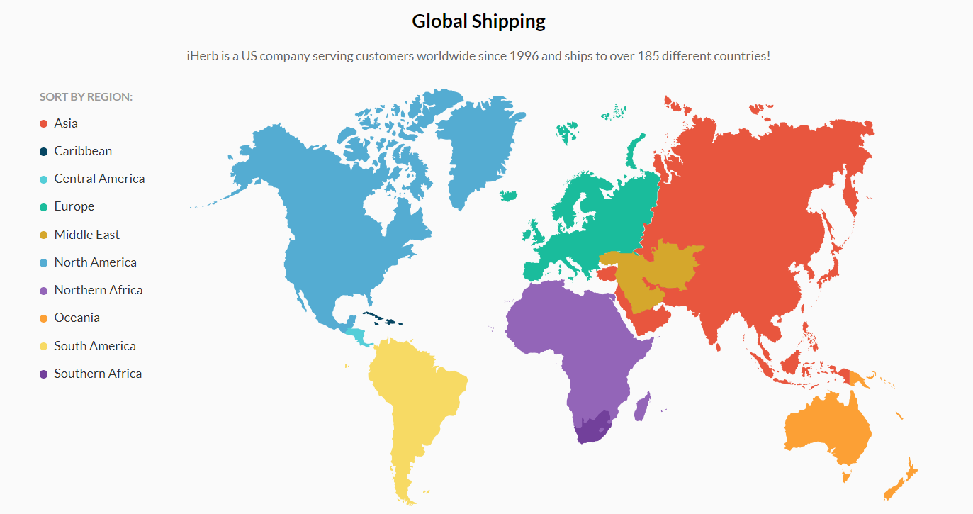 World map shown on iHerb's website