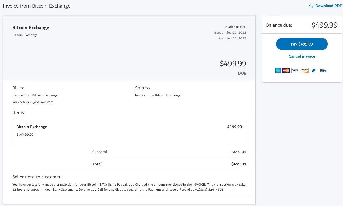 bitcoin exchange sent you an invoice paypal