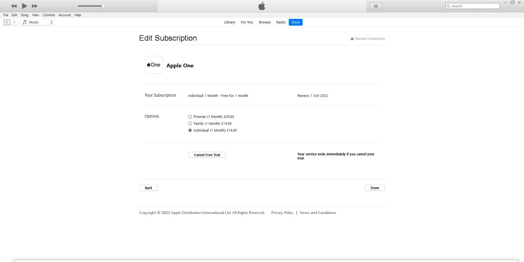 The Manage Subscription page for Apple One on the iTunes app