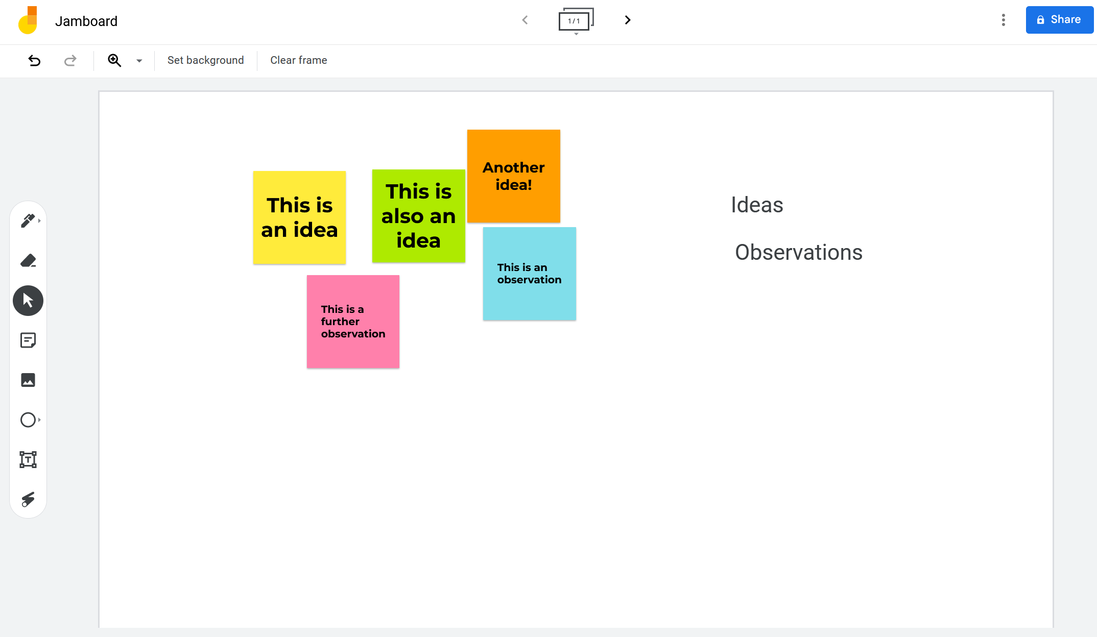 Sticky notes with a list of ideas in Jamboard