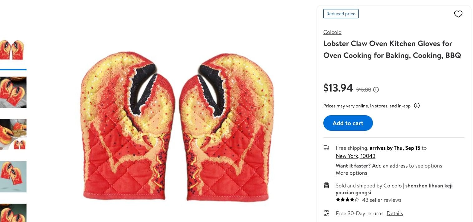 walmart lobster gloves product page screenshot