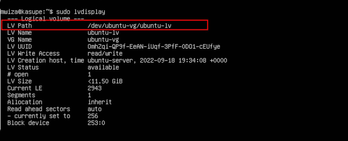 logical volumes info output on linux