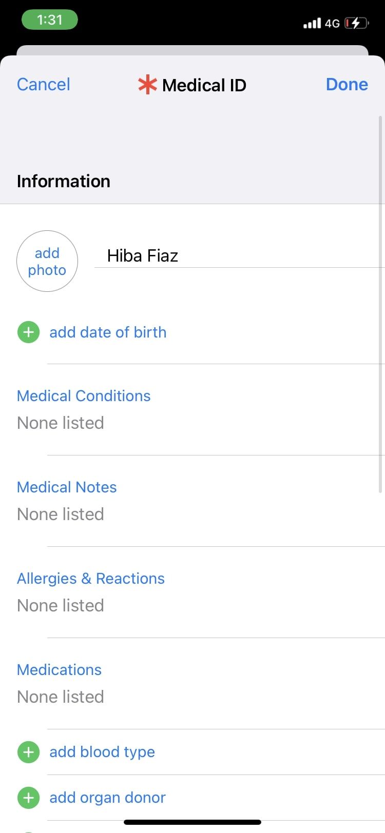 medical ID details Apple Health