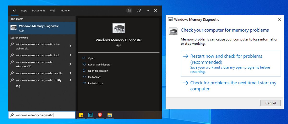 Memory diagnostic tool in Windows 10